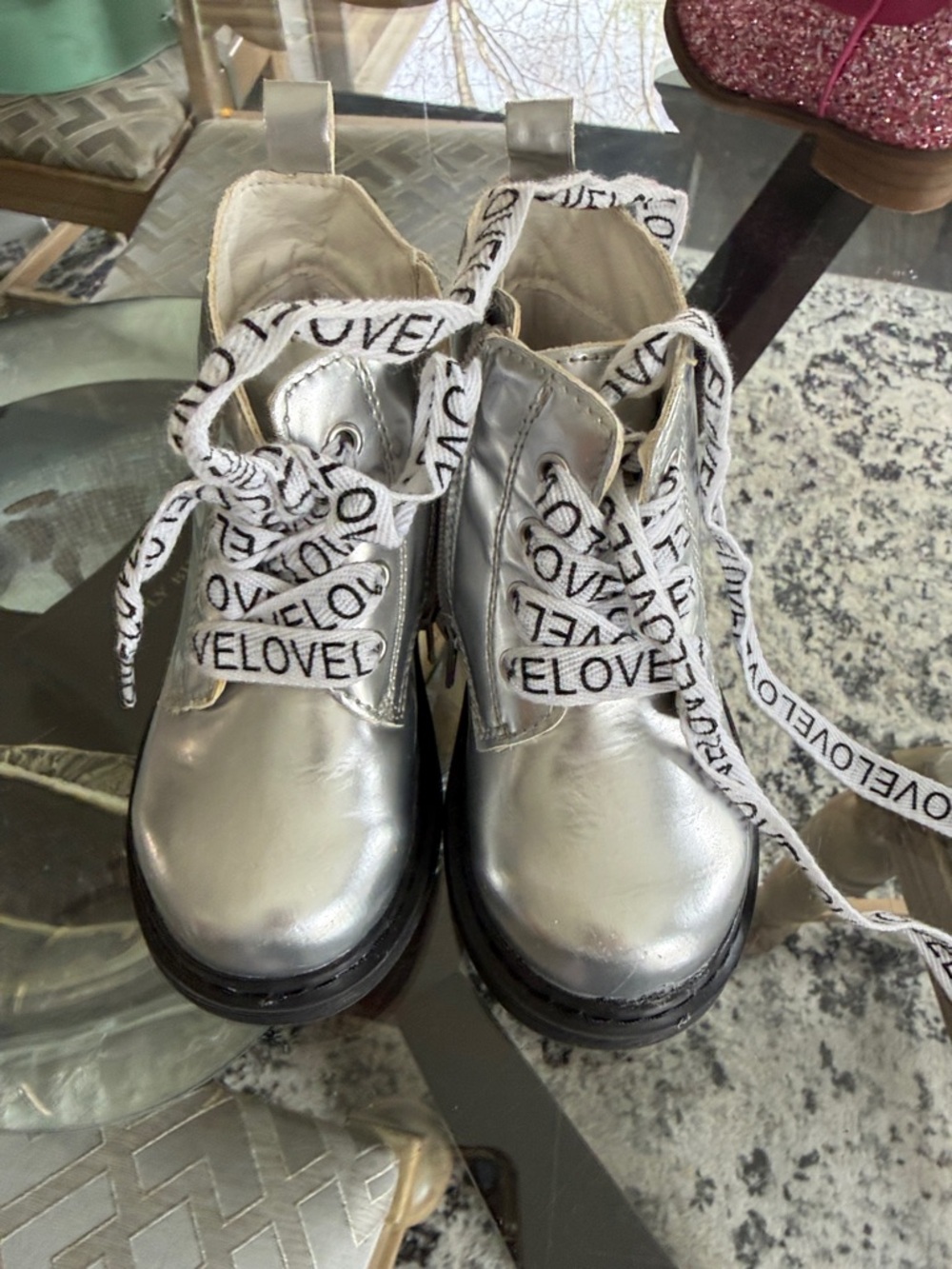 Love Silver Metallic Lace-Up Boots with LOVE Print Laces